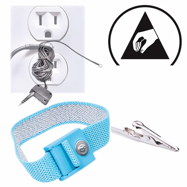Anti static wrist strap, coil cord, outlet ground, and ESD warning symbol