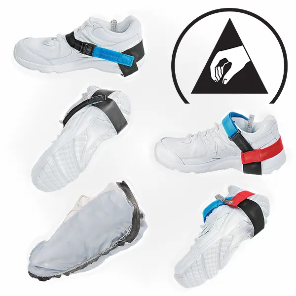 ESD heel grounders attached to shoes with ESD warning symbol