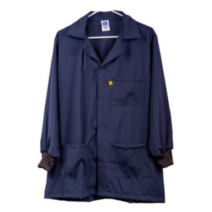 Snap Covered Knit Cuff Polyester Cotton ESD Smocks. Navy Blue.
