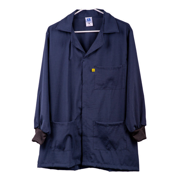 Snap Covered Knit Cuff Polyester Cotton ESD Smocks. Navy Blue.