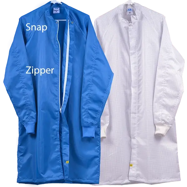 Blue and white cleanroom ESD lab coats with snap and zipper callouts